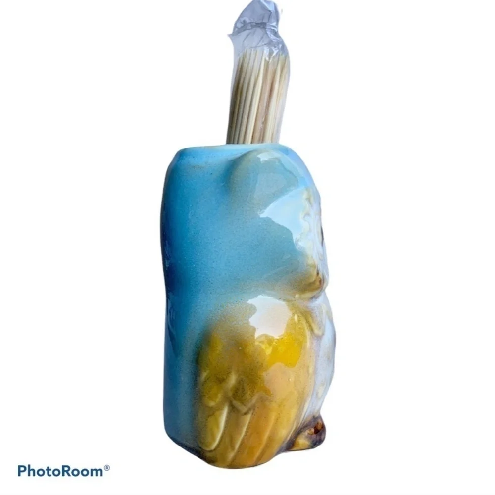 Kitchen Toothpick Holder Glazed Ceramic Country Owl Decor Blue White
